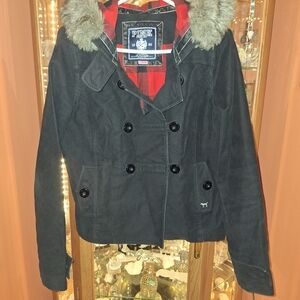 PINK Victoria's Secret Black Peacoat with Red Plaid Lining and Faux Fur Trim